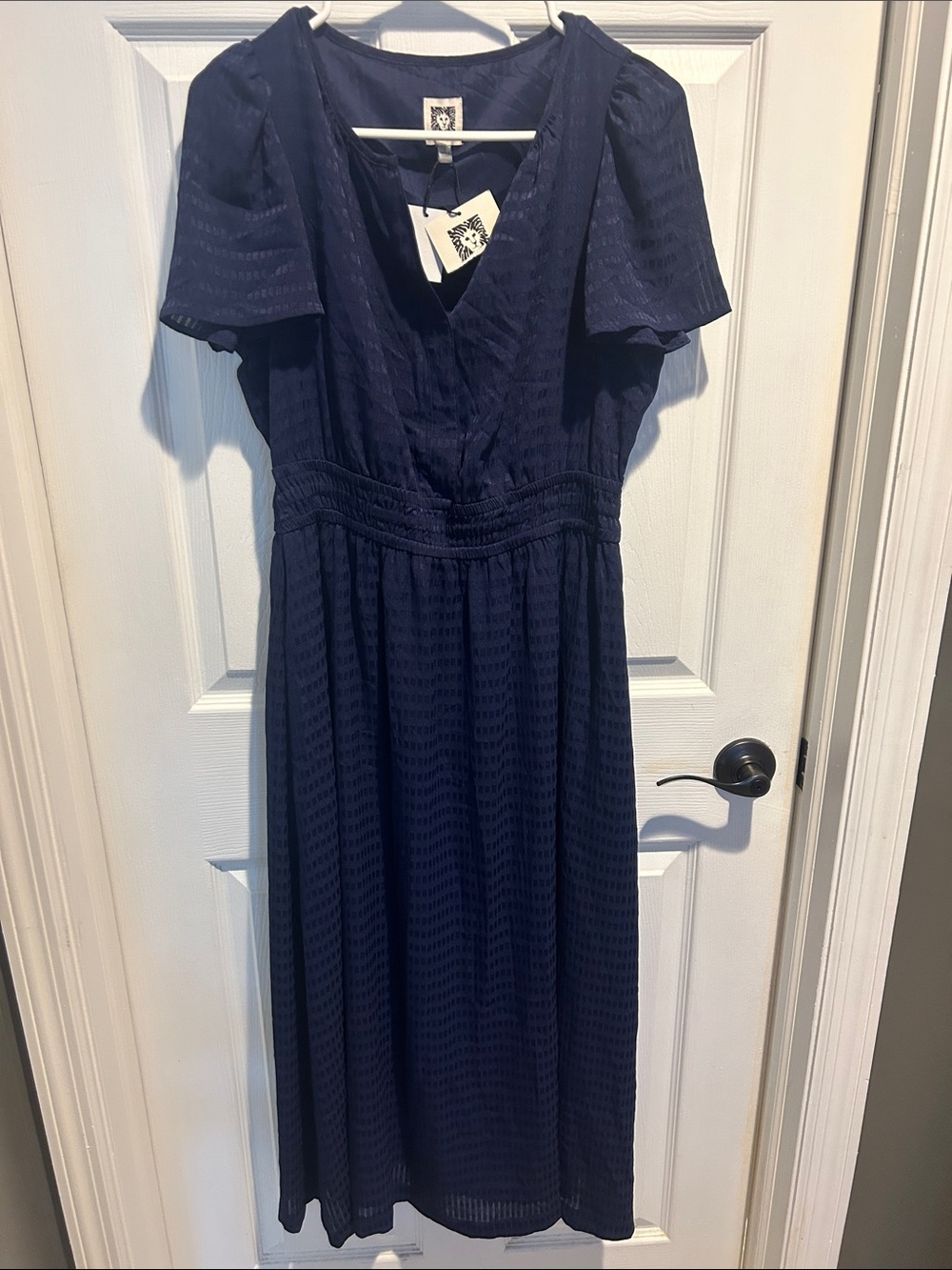 Anne Klein Navy V-Neck Midi Dress with Flutter Sleeves